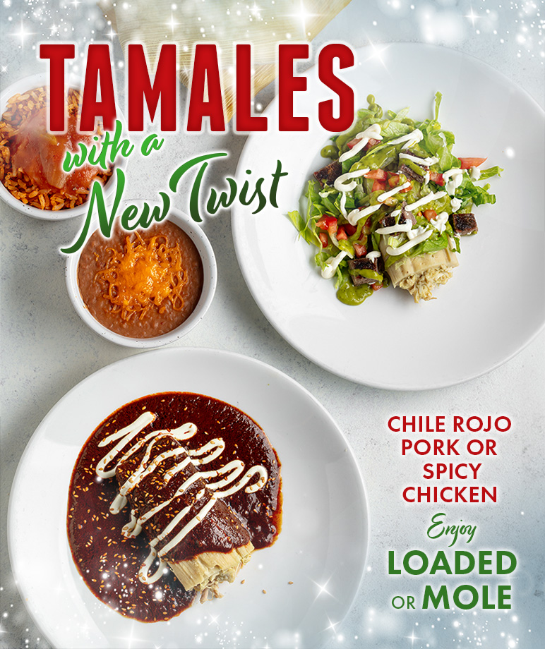 Tamales with a new twist. Chile rojo pork or spicy chicken. Enjoy loaded or mole.
