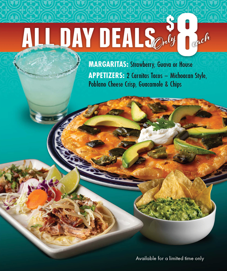 Promotion for Miguel's restaurant featuring $8 All Day Deals with a frosty margarita, two carnitas tacos garnished with lime, and a plate of cheesy nachos topped with avocado and a dollop of sour cream. "Available for a limited time only" suggests exclusivity.