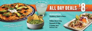 Promotion for Miguel's restaurant featuring $8 All Day Deals with a frosty margarita, two carnitas tacos garnished with lime, and a plate of cheesy nachos topped with avocado and a dollop of sour cream. "Available for a limited time only" suggests exclusivity.