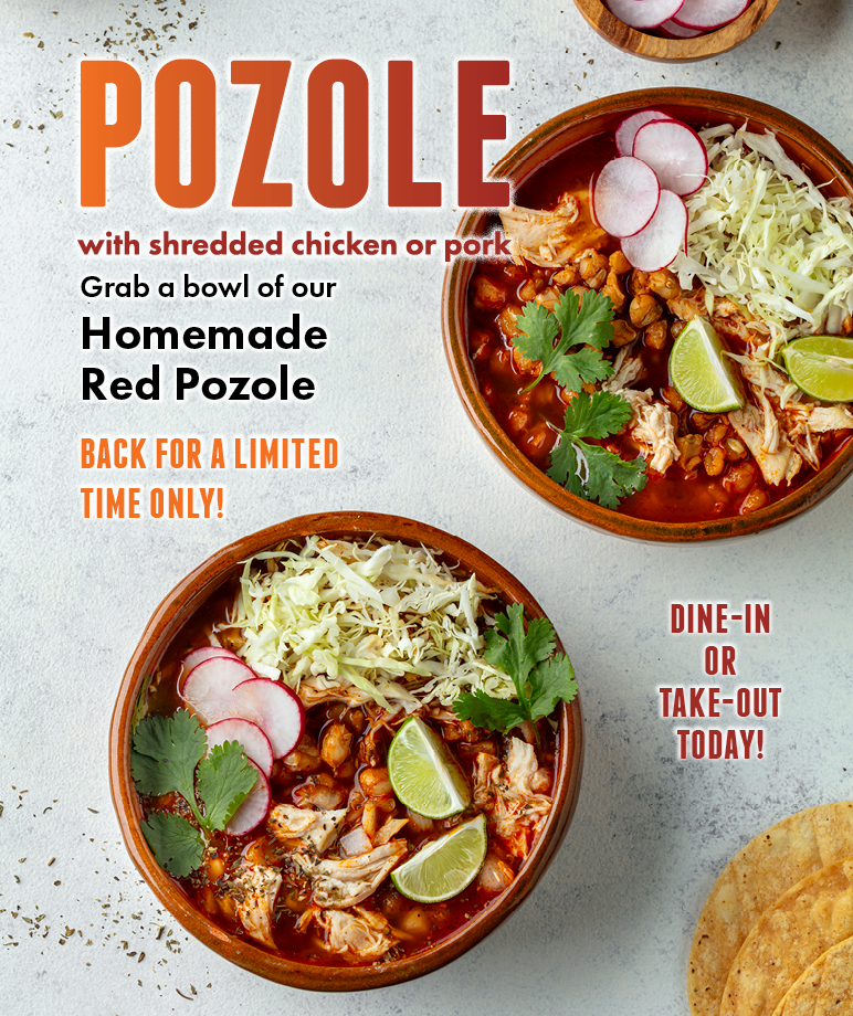 Vibrant advertisement for Miguel's Restaurant, promoting their Homemade Red Pozole with shredded chicken or pork. The enticing photo shows the dish in a rustic bowl, garnished with fresh lime, radishes, and cilantro. The text encourages customers to enjoy this offering, which is available for a limited time, with options for dine-in or take-out.