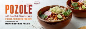 Banner for Miguel's Restaurant advertising their Homemade Red Pozole with shredded chicken or pork. Two clay bowls of pozole are presented, garnished with shredded cabbage, radish slices, cilantro, and lime wedges. Bold text announces the return of the dish for a limited time, inviting customers to enjoy this offering by dining in or taking it to go.