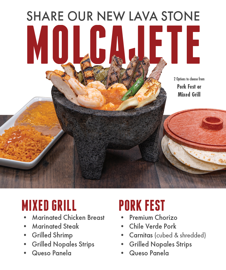 Image featuring the new Lava Stone Molcajete at Miguel's. The Molcajete is filled with grilled shrimp, marinated chicken breast, steak strips, and green peppers, served alongside a side of rice and a stack of tortillas. Text highlights the two options available: Mixed Grill and Pork Fest, with the latter including premium chorizo and chile verde pork. The bold text invites customers to "SHARE OUR NEW LAVA STONE MOLCAJETE."